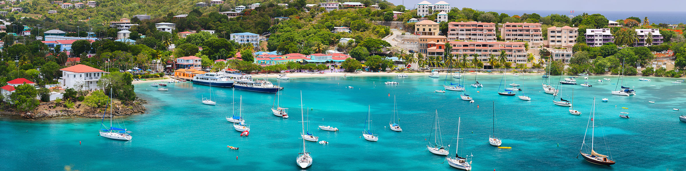 Panorama of Cruz Bay the main town on the island of St. John USVI, Caribbean