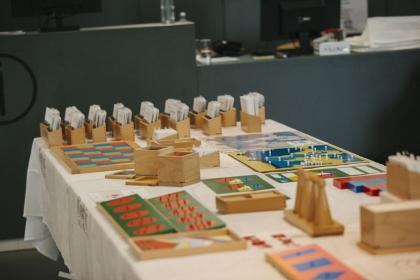 Montessori manufacturing companies Nienhuis and Agaworld had a selection of materials on display.