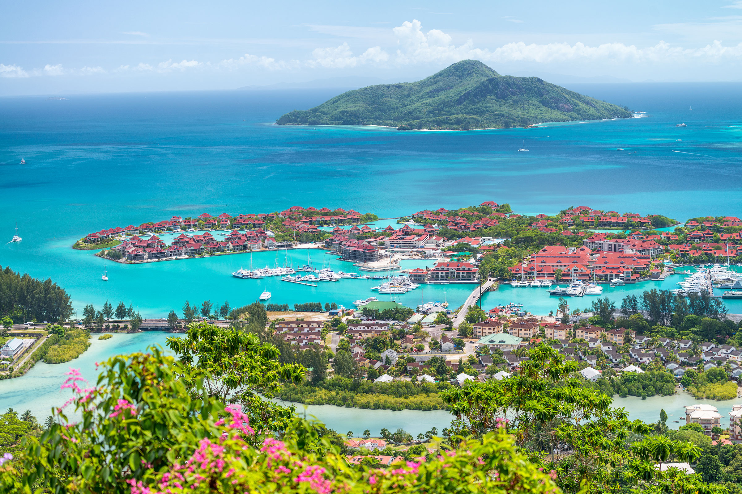  Red Roofs of Eden Island, Aerial View of Seychelles.