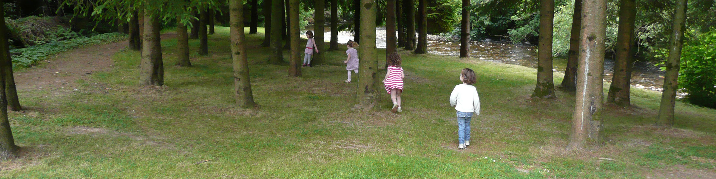 Children running through the woods