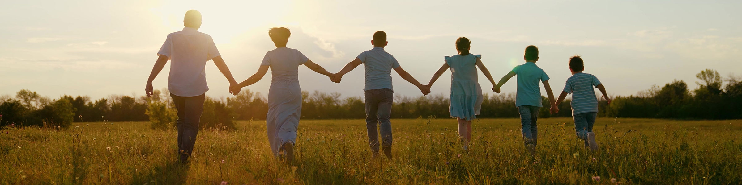 Family holding hands at sunset